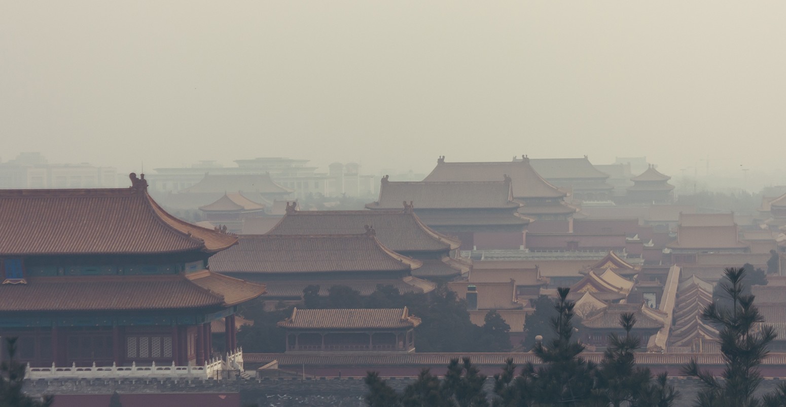 Smog over the Forbidden City in Beijing, China.