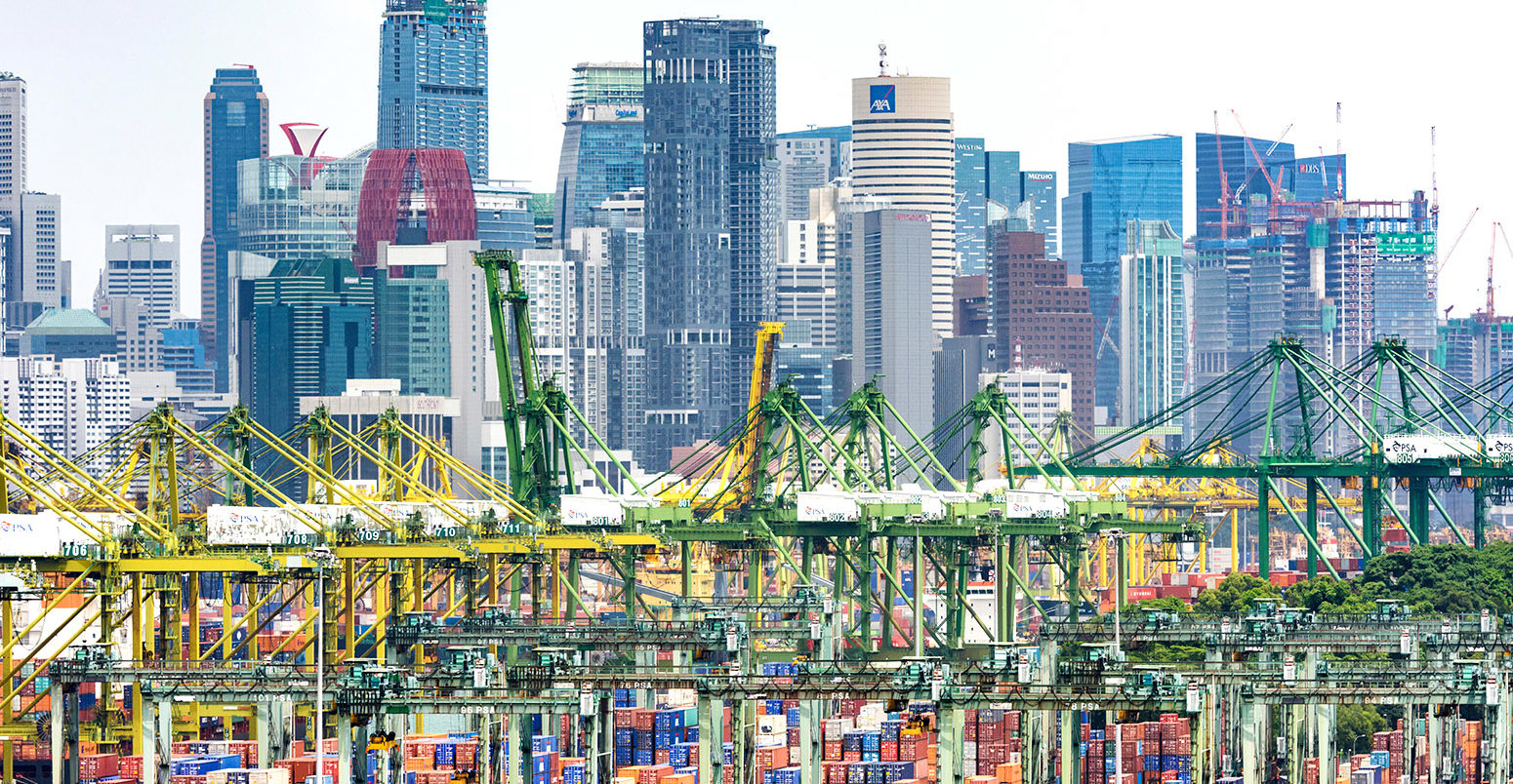 PSA International Brani Container Terminal with the CBD skyline, Brani Island, Singapore. Credit: Jason Knott / Alamy Stock Photo. FGRPBF