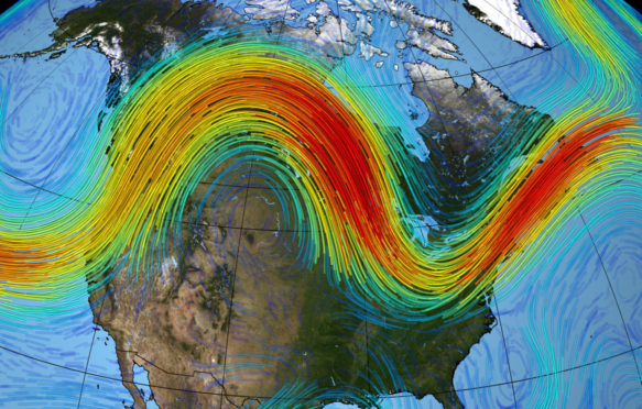 Visualisation using NASA's MERRA dataset to model the jet stream over North America, between June and July, 1988. Credit: Science History Images / Alamy Stock Photo. T81PF2