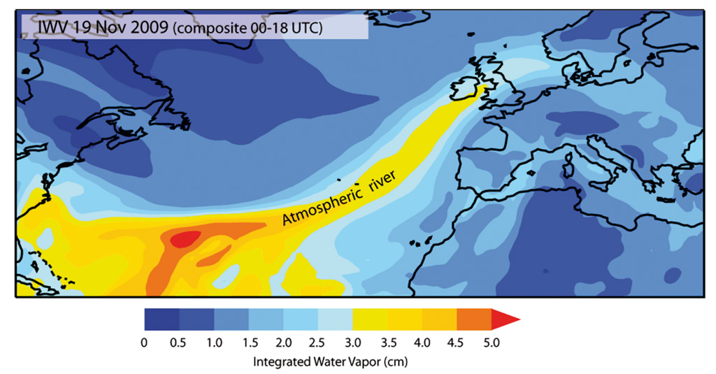 Map using ERA-Interim data showing the composite integrated total column of water vapour between 00-00 and 18-00 UTC 19 November 2009