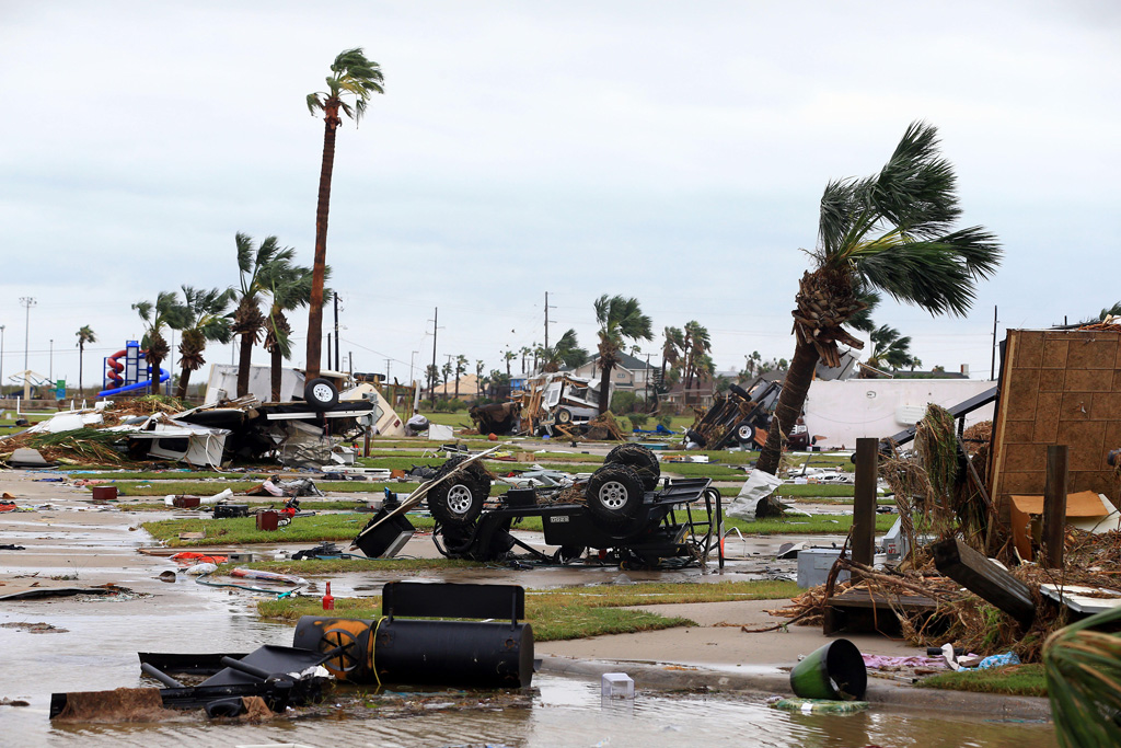 A mobile home park is destroyed after Hurricane Harvey landed in Port Aransas, Texas