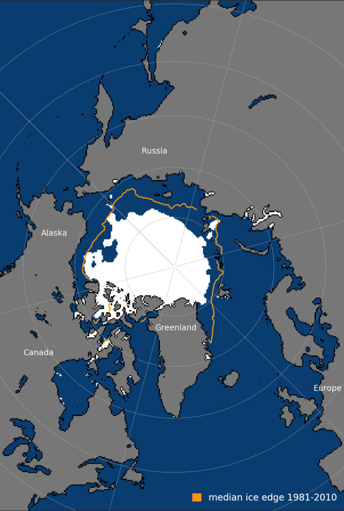 The 2021 Arctic summer minimum extent, on 16 September 2021