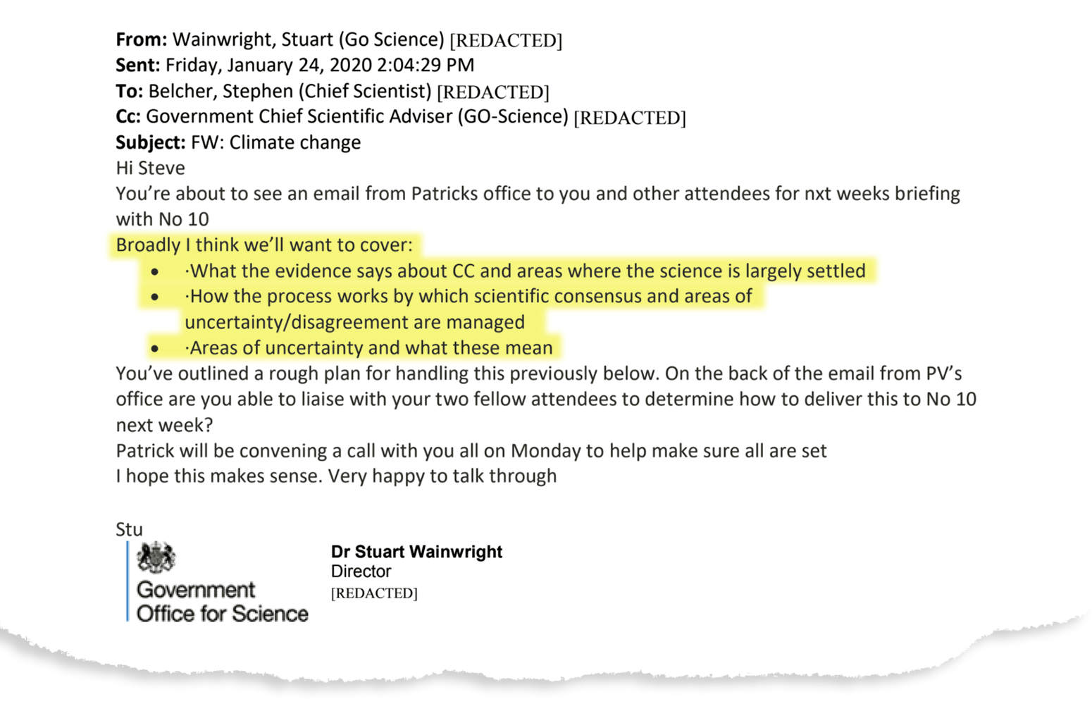 Email outlining what scientists wanted to cover in the no10 climate change teach-in