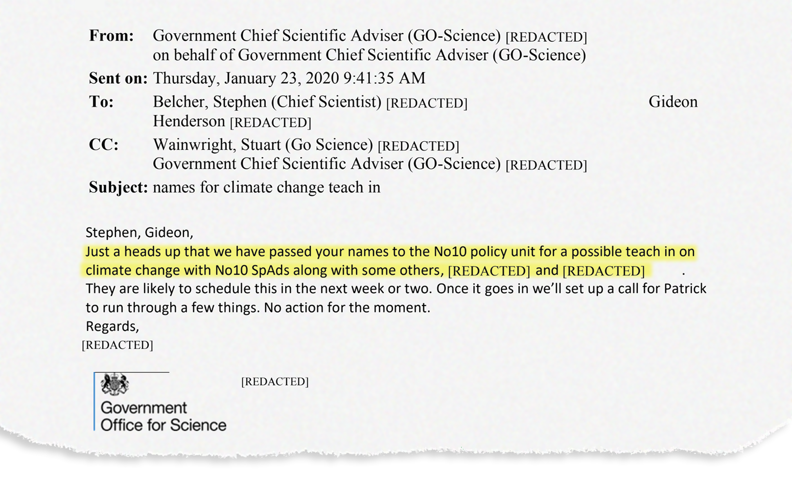 Initial email about No10 teach-in on climate change