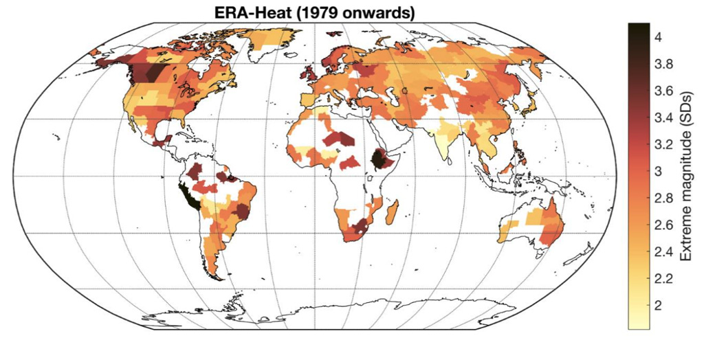 The magnitude of the greatest heat extremes since 1950 in each world region