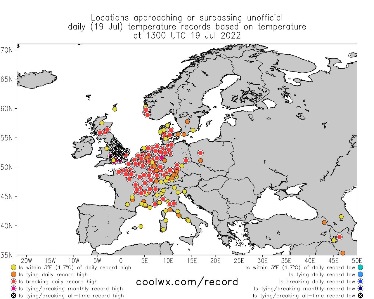 tations with provisional records set on 19 July. Coloured dots indicate tying/breaking the all-time record high (black), tying/breaking the monthly record high (pink), breaking the daily record high (red), tying the daily record high (orange) and within 1.7C of the daily high (yellow). Credit: coolwx.com