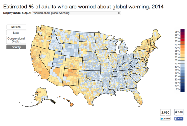Map showing how attitudes to climate change vary across the US