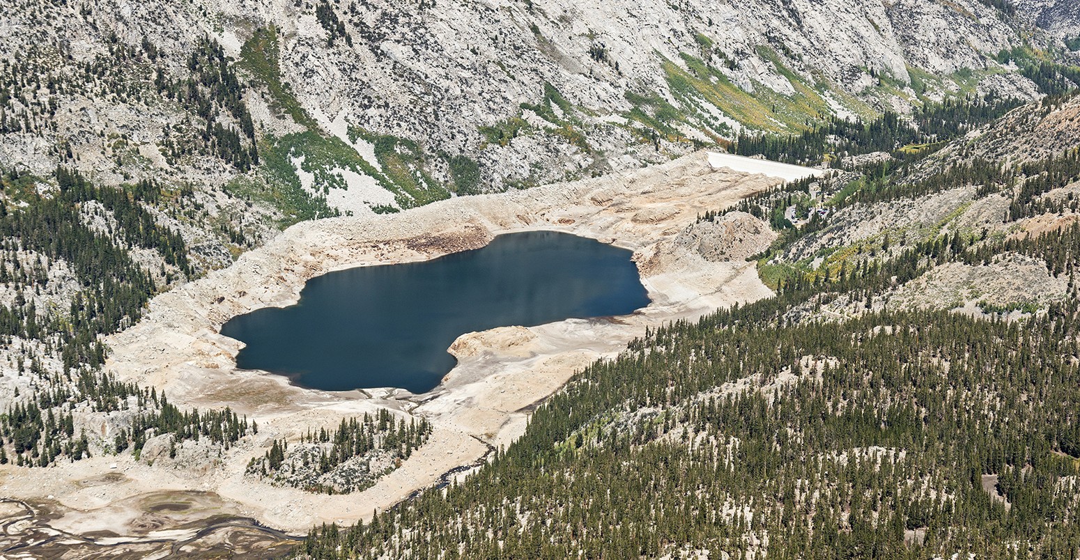 Aerial view showing low water level in South Lake reservoir in California because of drought.