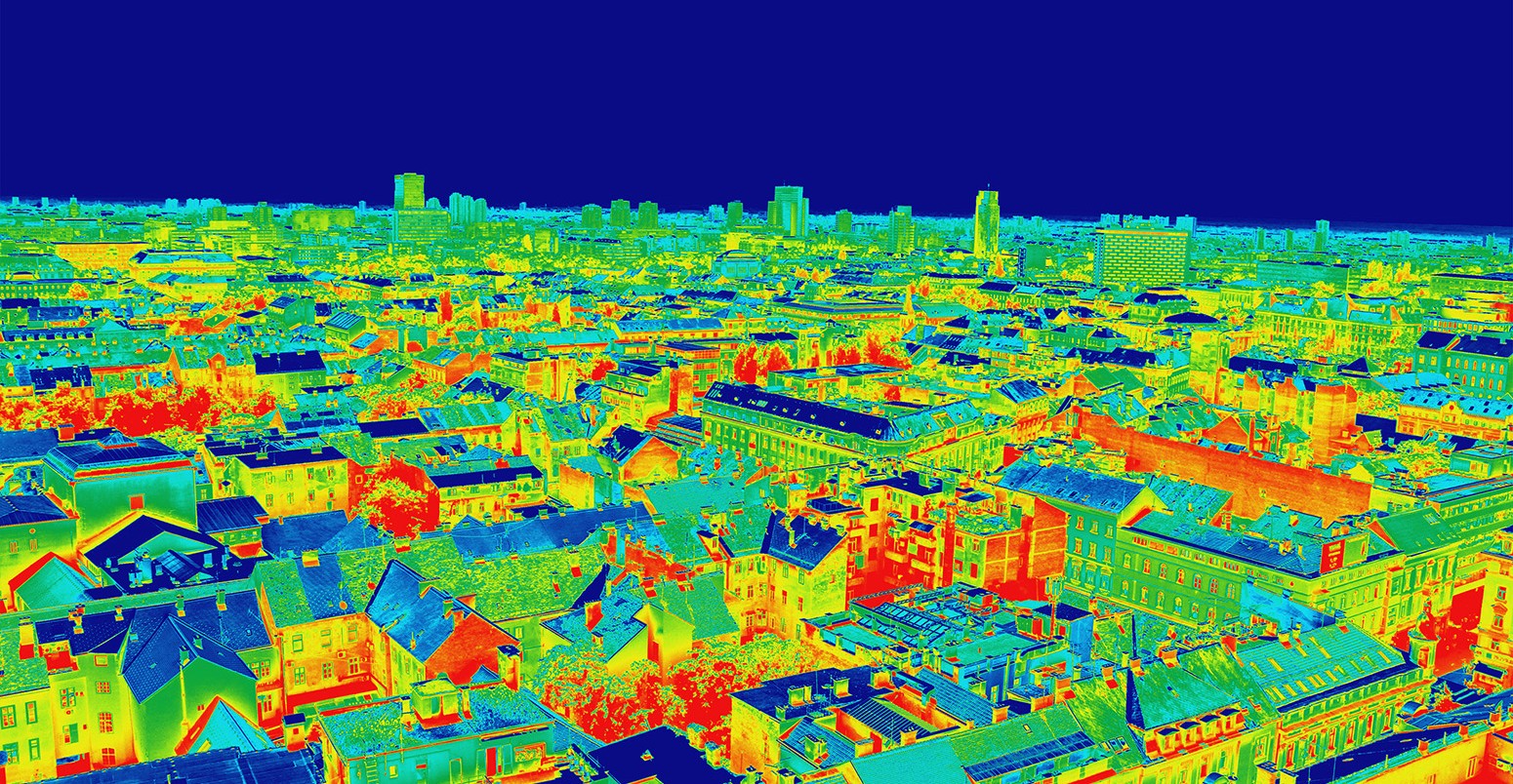 Infrared thermovision image panorama of Zagreb, showing difference temperature
