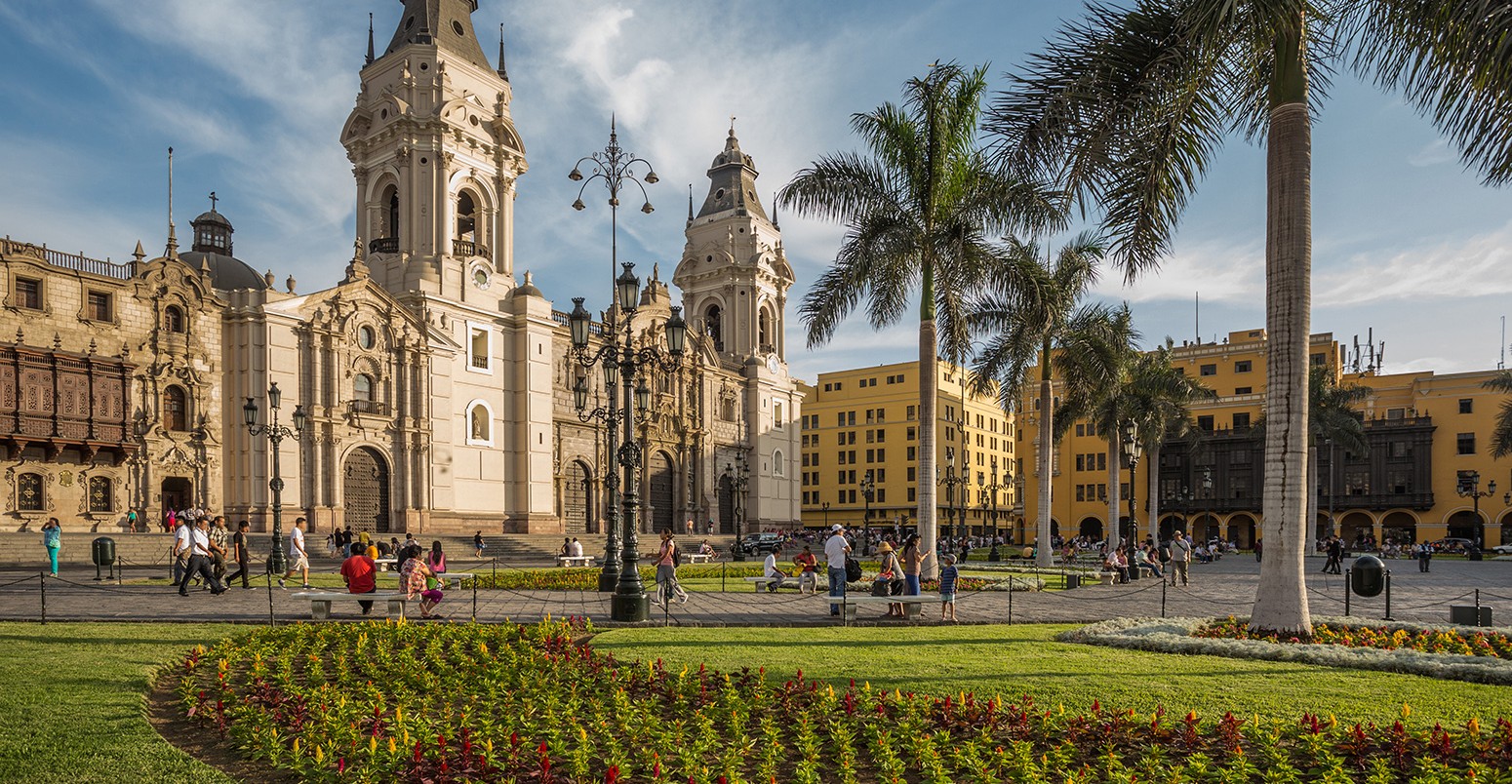 View of the cathedral church and the main square in downtown Lima, Peru.
