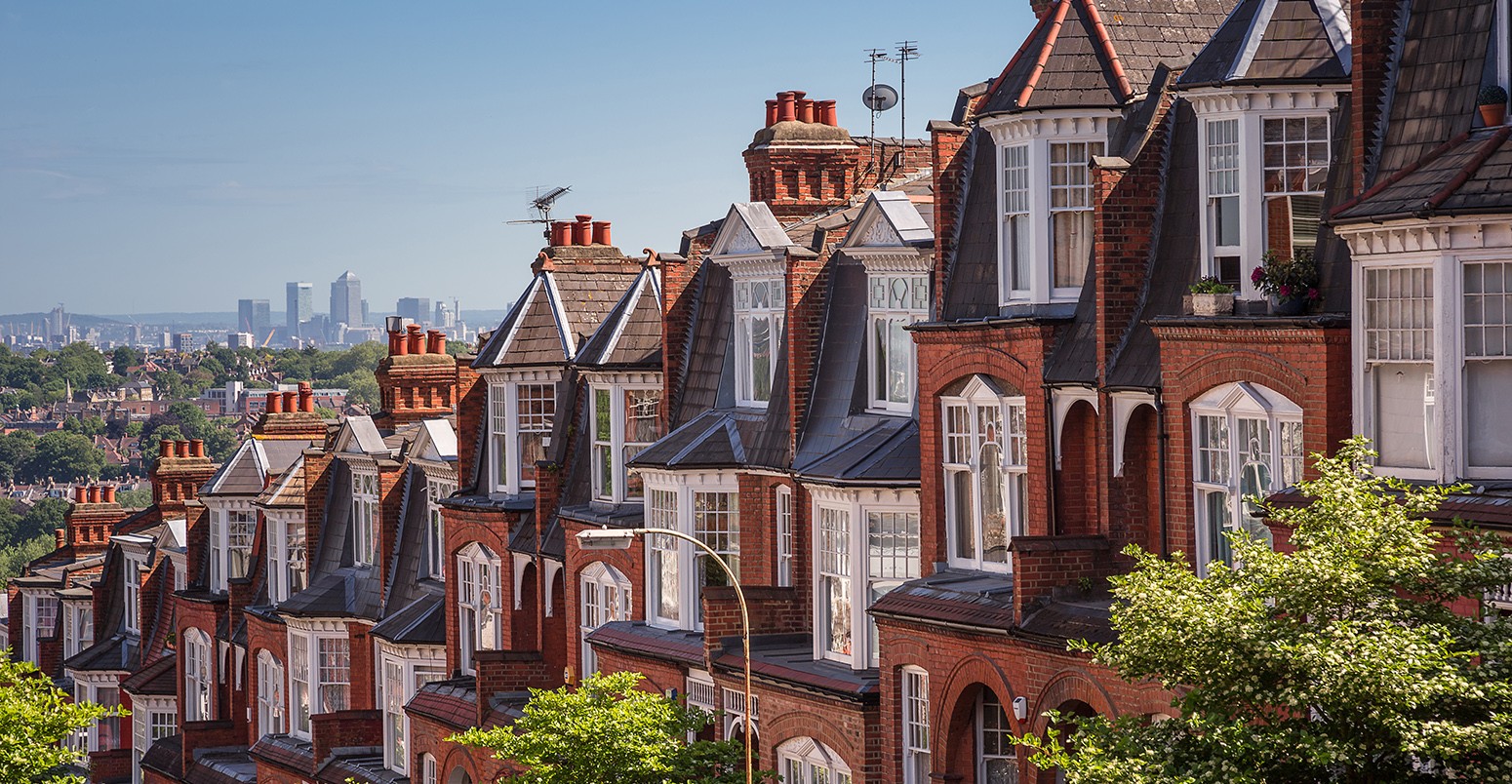 Houses in a panoramic shot from Muswell Hill, London, UK.