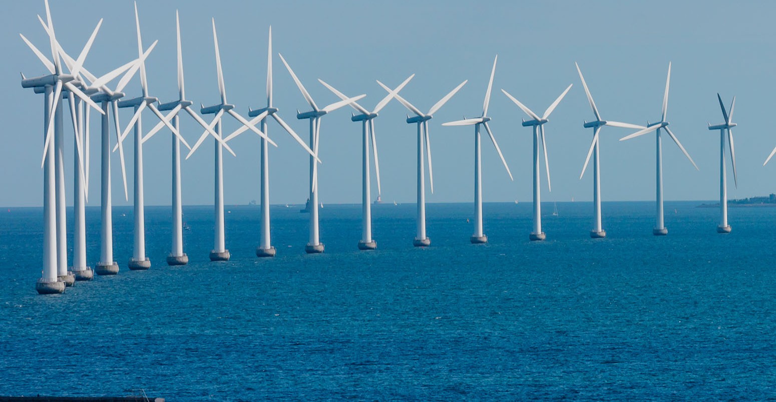 Offshore wind farm in Baltic Sea off Copenhagen, Denmark.