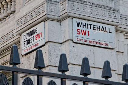 Downing Street and Whitehall street signs in Westminster, London
