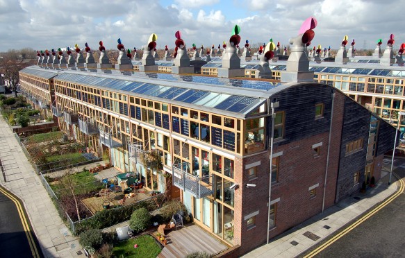 An eco village with solar panels, UK