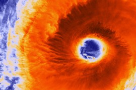 Taken on October 22, 2015 at 0400 UTC by the Suomi NPP satellite's VIIRS sensor, this colorized infrared image shows the extremely large eye of Typhoon Champi. Credit: NASA Goddard Space Flight Centre.