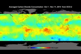 Global atmospheric carbon dioxide concentrations from Oct. 1 through Nov. 11, as recorded by NASA's Orbiting Carbon Observatory-2. Credit: NASA.
