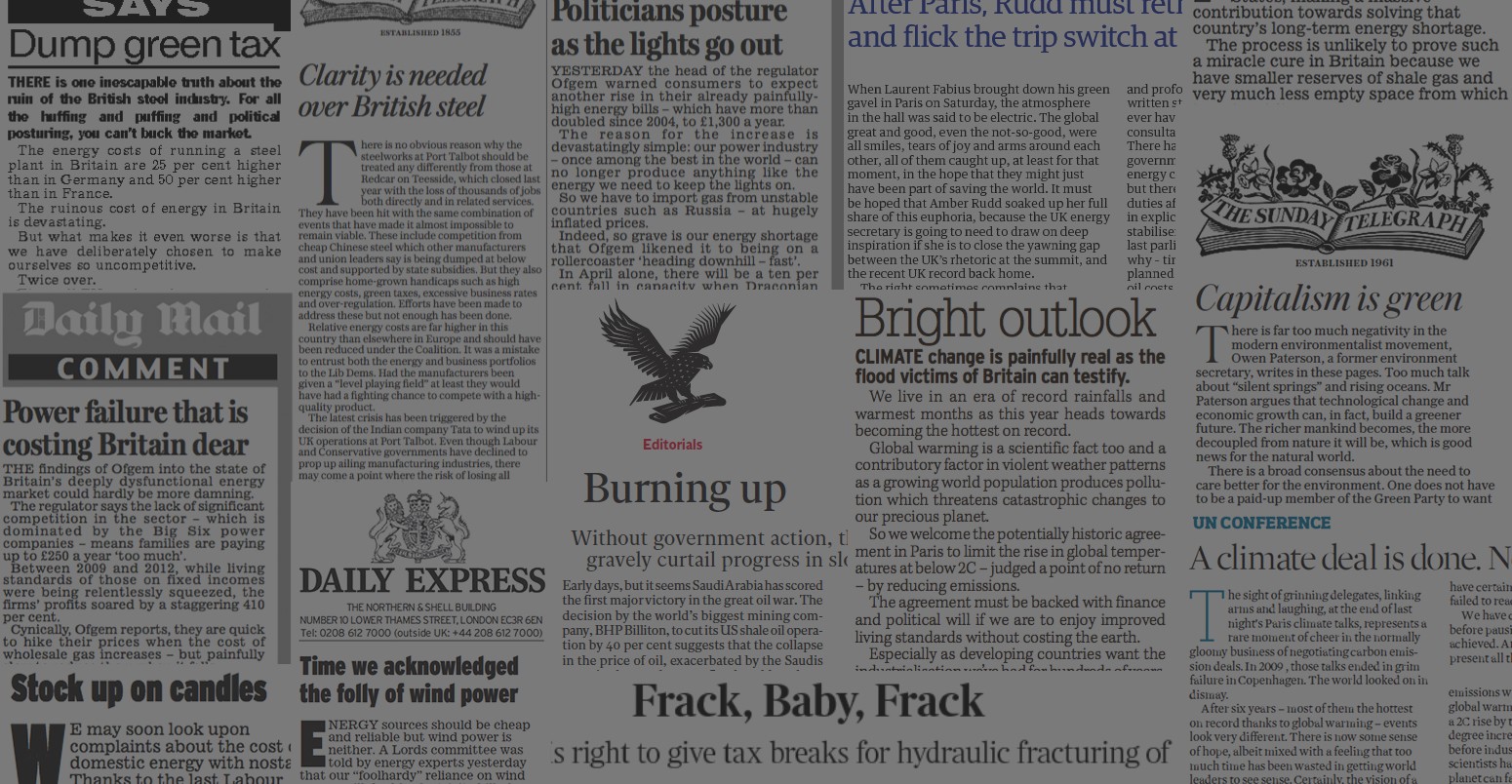 Collage of climate and energy editorials from UK newspapers