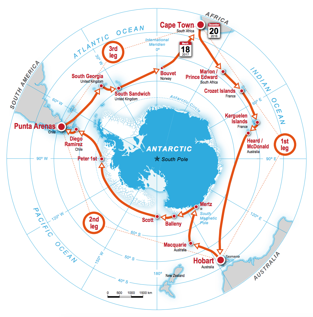 The planned route of the Antarctic Circumnavigation Expedition. Credit: ACE