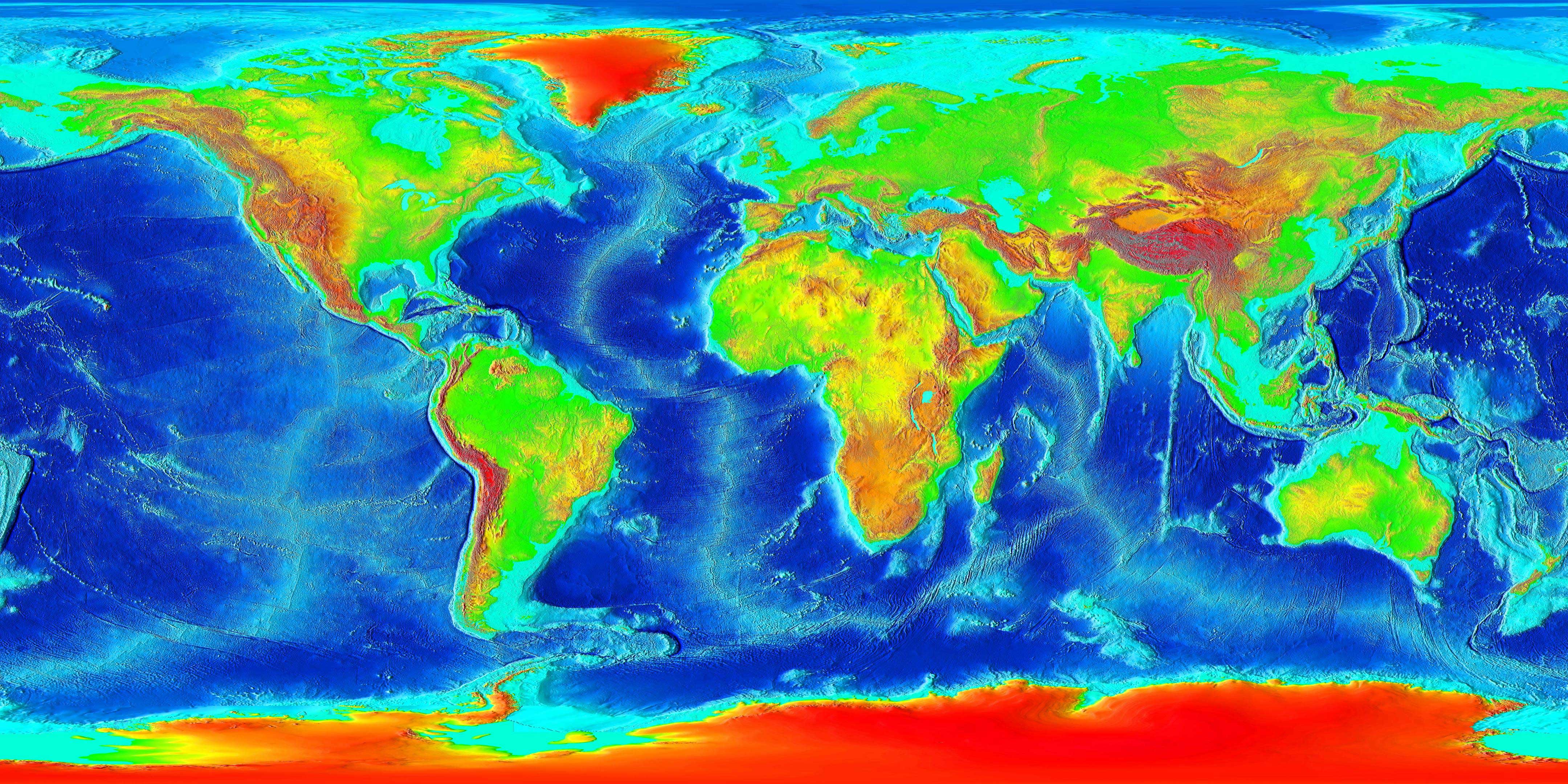 全球land and undersea elevation. Continental shelves are shown in bright blue. Credit: NOAA