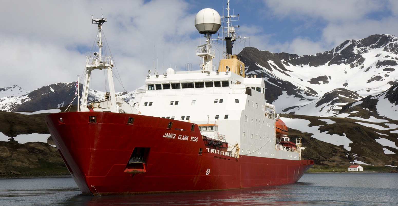 The RRS James Clark Ross, a marine research vessel, in South Georgia.
