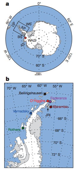Map of the Antarctic (top) with the locations of the six stations (bottom). Turner et al., (2016)