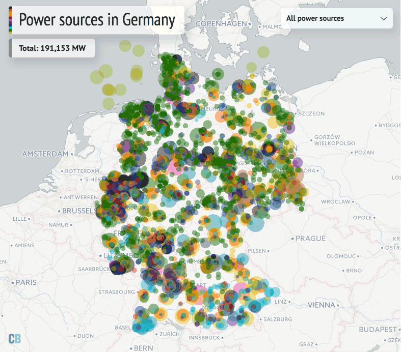Distribution of electricity generating capacity in Germany. You can explore an interactive version of the map at the top of this article. See notes below. Credit: Rosamund Pearce for Carbon Brief.
