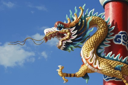 Sculpture of Chinese dragon on building