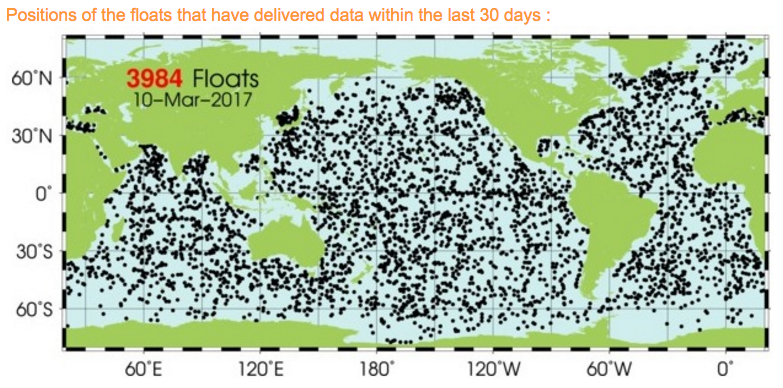 Map showing the global coverage of the ARGO network and positions of floats that have delivered data within the last 30 days. Source: ARGO