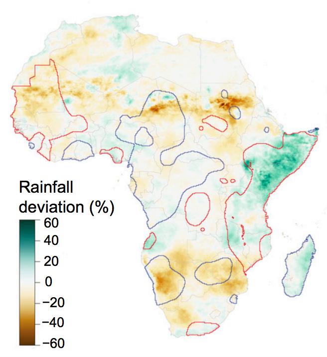 Average percentage change in rainfall across Africa during an El Niño event, based on data for 1980-2015. Shading shows increases (green) and decreases (yellow) in rainfall. Source: Moore et al. (2017)