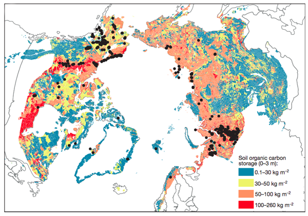Map indicating the amount of carbon in the top three metres of permafrost soils. Reds and orange areas contain, located across much of Siberia and Canada, contain most carbon. Source: Shuur et al., (2015)