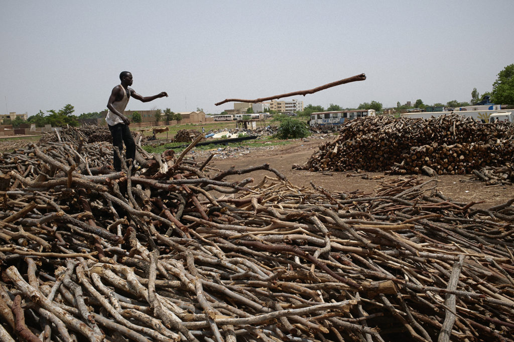 A man selects and throws wood to be cut and sold in Ouagadougou, Burkina Faso on May 26, 2014. The wood arrives on trucks and is sold off to vendors for approximately 400,000 CFA or $900. The wood, much of it cut illegally comes from surrounding forests.