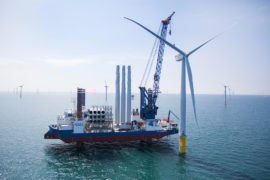 Part of the Scottish Power West of Duddon Sands Offshore wind farm under construction in the Irish Sea off the coast of Cumbria,. Image shot 2014. Exact date unknown.