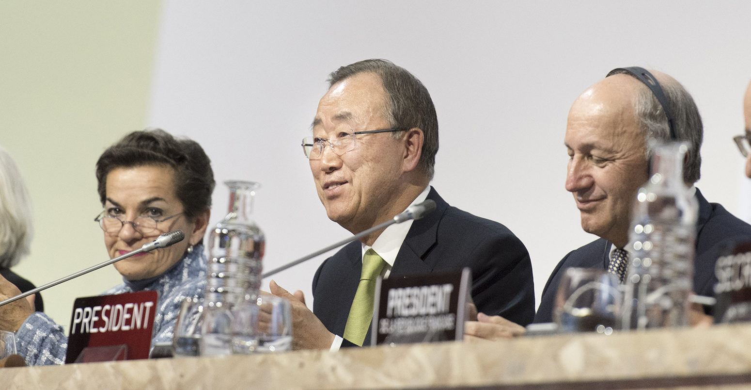 Secretary-General Ban Ki-moon (centre) during the closing ceremony of the UN Climate Change Conference in Paris (COP21)