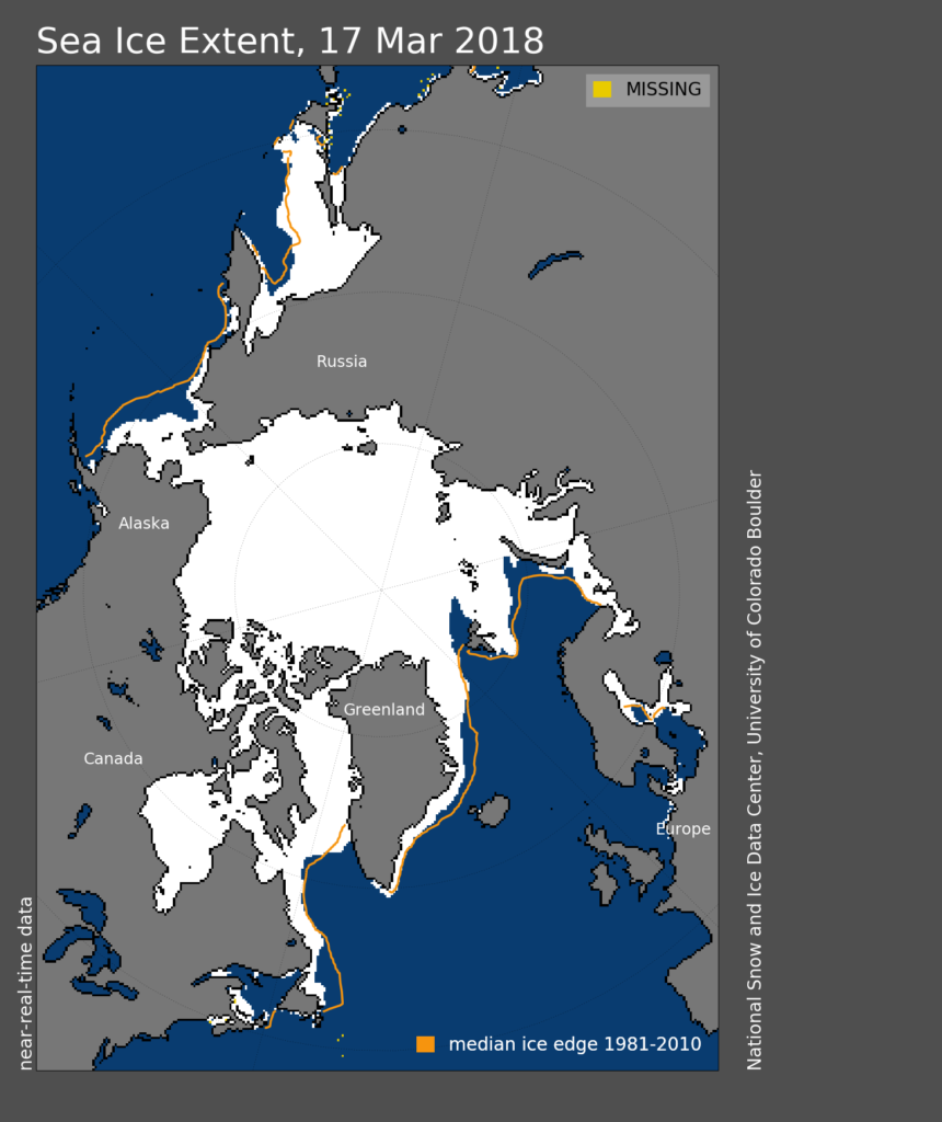 Arctic sea ice extent for 17 March 2017. The orange line shows the 1981- 2010 average extent for that day. Credit: NSIDC