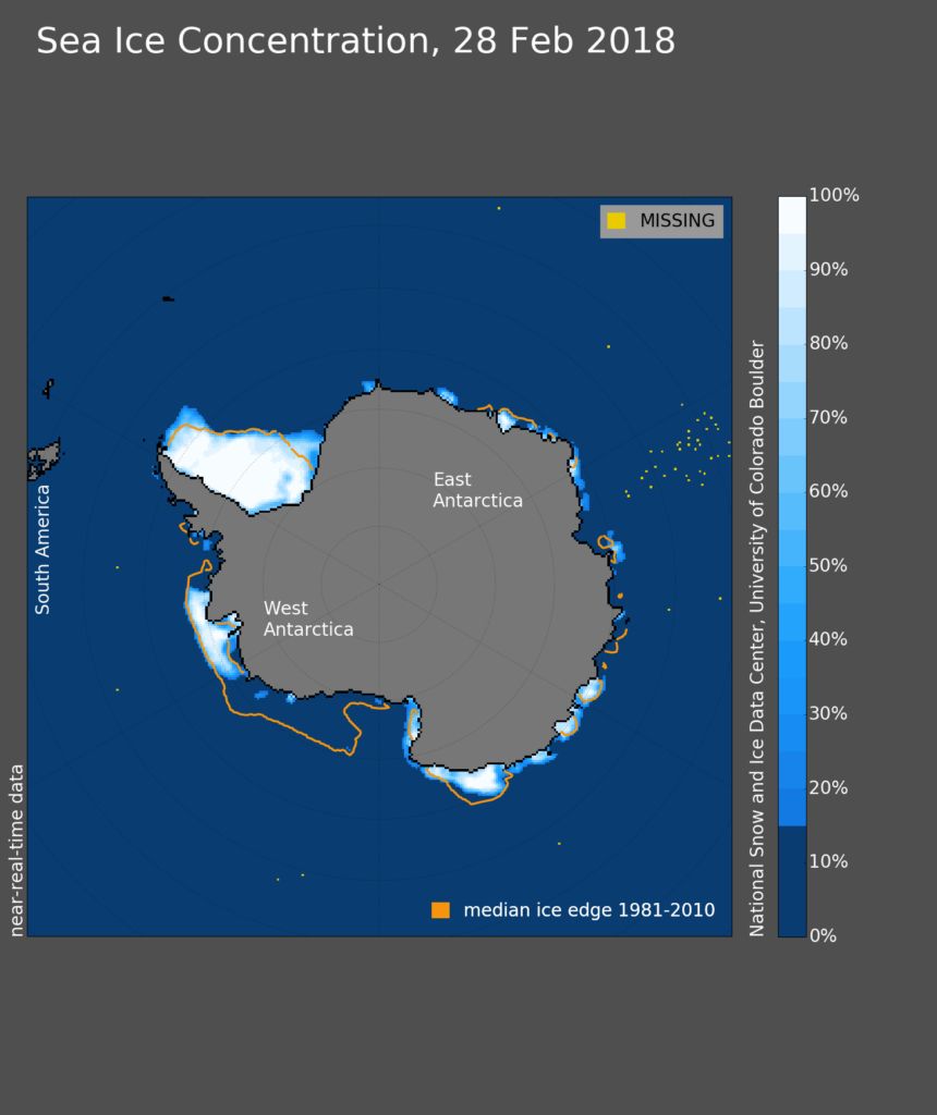 Antarctic sea ice extent for 28 February 2018. The orange line shows the median sea ice edge for 1981-2010. Credit: NSIDC