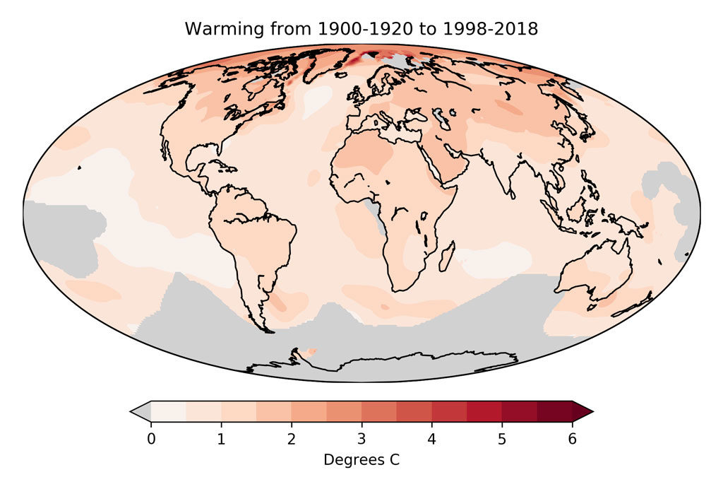 Warming between 1900-1920 and 1998-2018 based on 1 degree latitude/longitude gridded observational temperature data from Berkeley Earth.