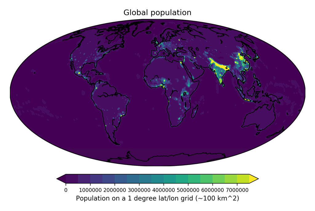 2020 projected population per 1x1 latitude/longitude grid cell (around 100 square kilometers) using data from the Gridded Population of the World version 4 (GPWv4).