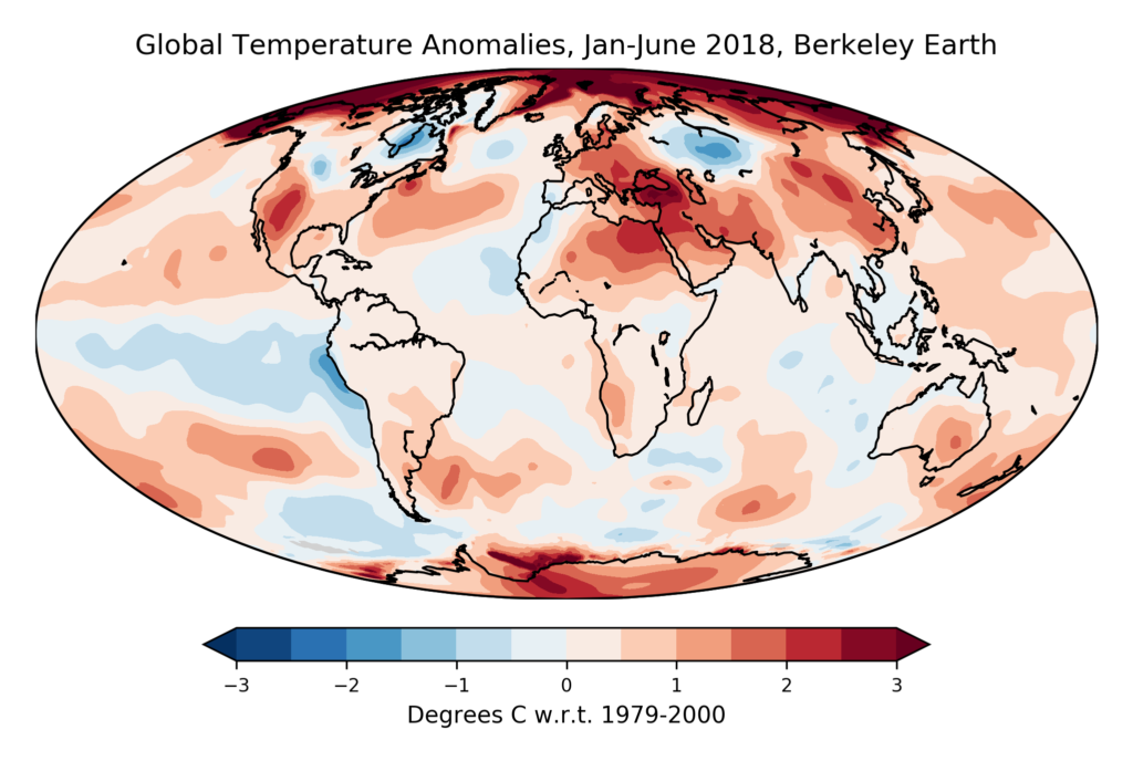 Global map showing January-June 2018 average surface temperatures from Berkeley Earth. Anomalies plotted with respect to a 1979-2000 baseline.