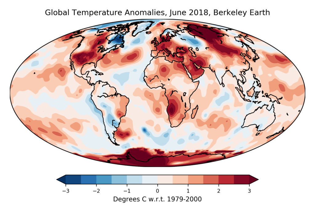 global map of June 2018 average surface temperatures from Berkeley Earth. Anomalies plotted with respect to a 1979-2000 baseline.