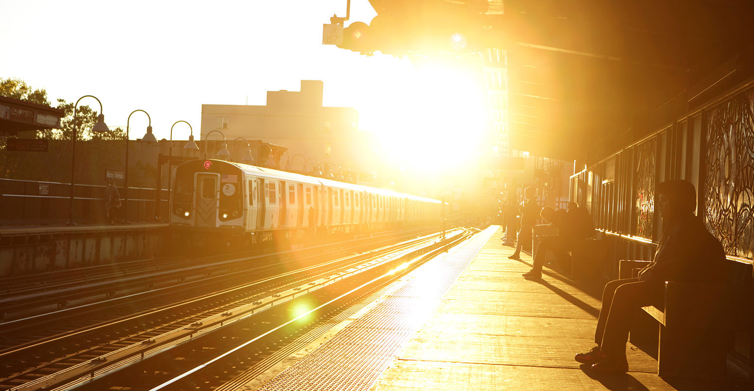 Sun shines on a subway station in Brooklyn, New York. Credit: Andrew Cribb / Alamy Stock Photo. H6FCM3