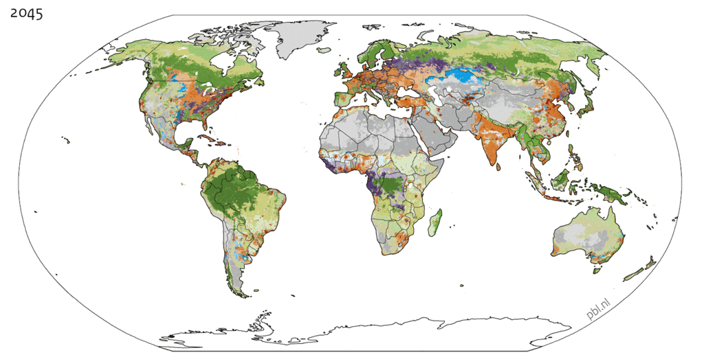 Global map showing Land use in 2045, as modelled by IMAGE, one prominent IAM developed by the Netherlands Environmental Assessment Agency (PBL). This map shows different types of land use including cropland (shades of orange), forest (dark green), grassland (light green), purple (“mosaic” forest and cropland), blue (“mosaic” crop and grassland), red (urban) and grey (bare land). Source: PBL.