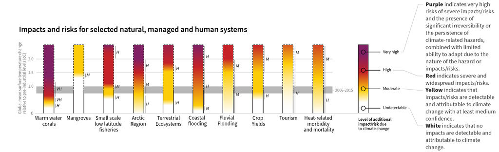 全球变暖影响的水平如何影响一个吗d/or risks associated for selected natural, managed and human systems. Adapted from IPCC (pdf)