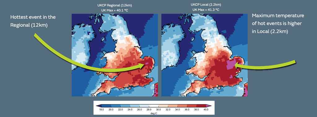Example of hottest hourly temperature that occurs in the baseline period (1981-2000) for the regional model (left) and the local model (right). Temperatures above 40C are indicated by pink shading. Source: Met Office (pdf)