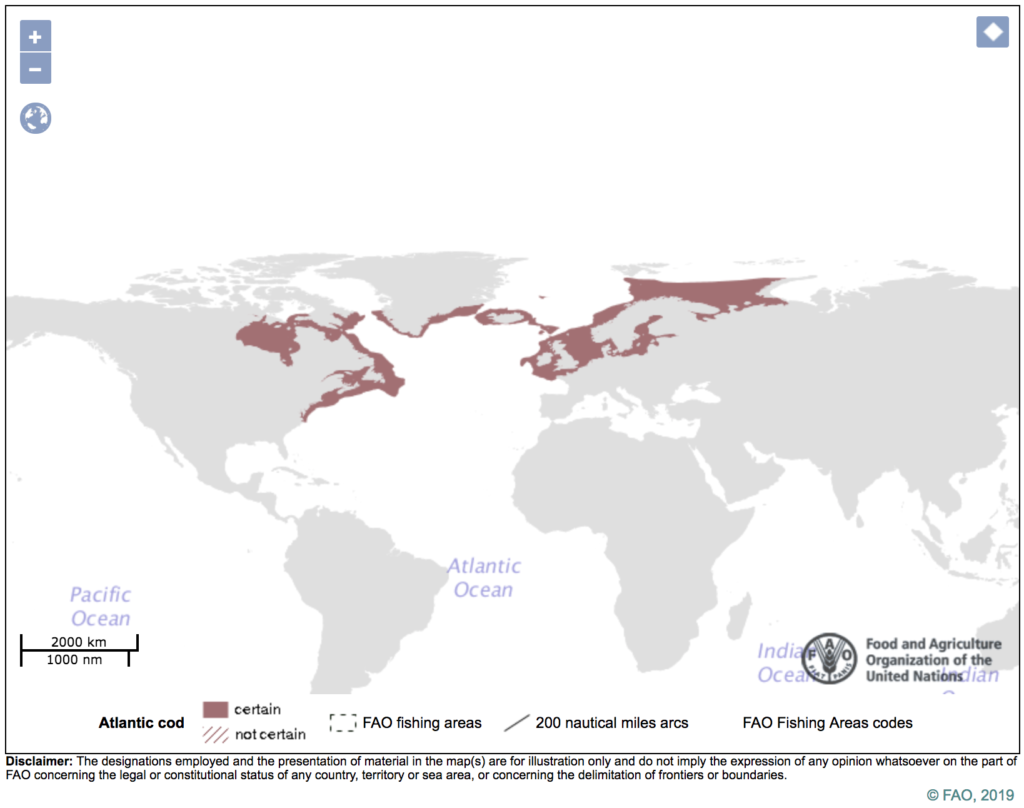 Map showing Global distribution of Atlantic cod. Source: Food and Agricultural Organization of the United Nations (<a href=