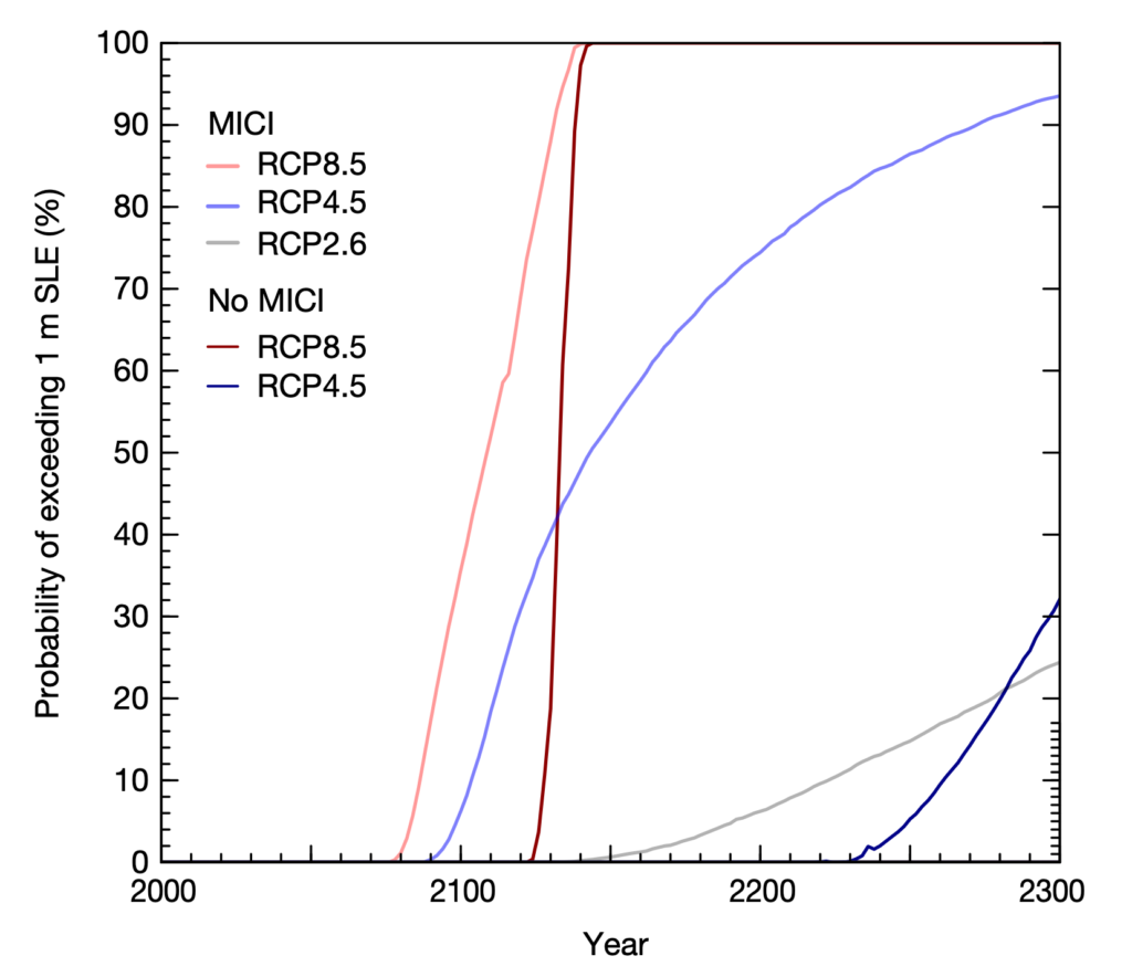 Line graphs showing Projected probability of the Antarctic sea level contribution exceeding one metre out to 2300. Lines show three scenarios: RCP2.6 (grey), RCP4.5 (blue) and RCP8.5 (red), with and without MICI. Source: Edwards et al. (2019)