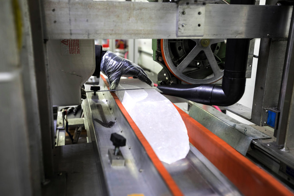 An ice core from Greenland is prepared for cutting at the National Ice Core Laboratory. Credit: Jim West / Alamy Stock Photo. K5B16Y