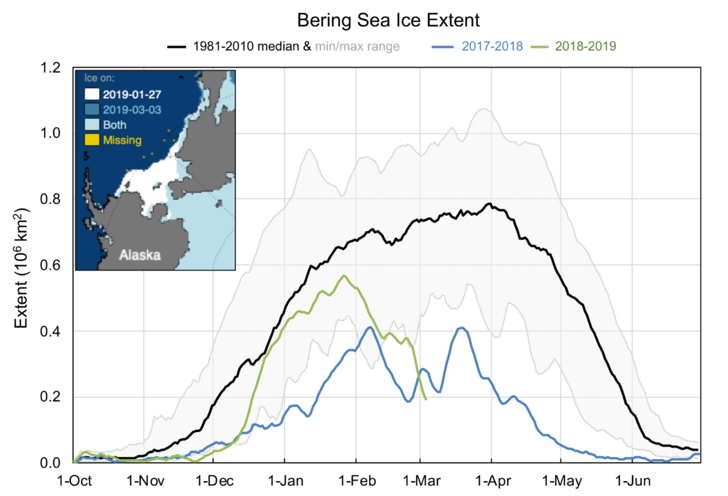 Chart showing the sharp decline in sea ice extent in the Bering Sea in 2019 (green line), the general low sea cover during 2017-18 (blue) and the long-term average (black, with grey shading showing the range). The inset map in the top left compares sea ice extent at the beginning of January 27 and at the end of March 3, 2019. Credit: W. Meier, NSIDC