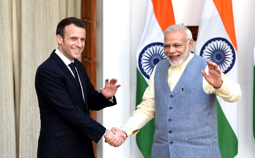 Prime Minister Narendra Modi with French President Emmanuel Macron at Hyderabad House, to co-chair the founding conference of the International Solar Alliance (ISA). 10 March 2018, New Delhi, India. Credit: Newscom / Alamy Stock Photo. M7BAF1