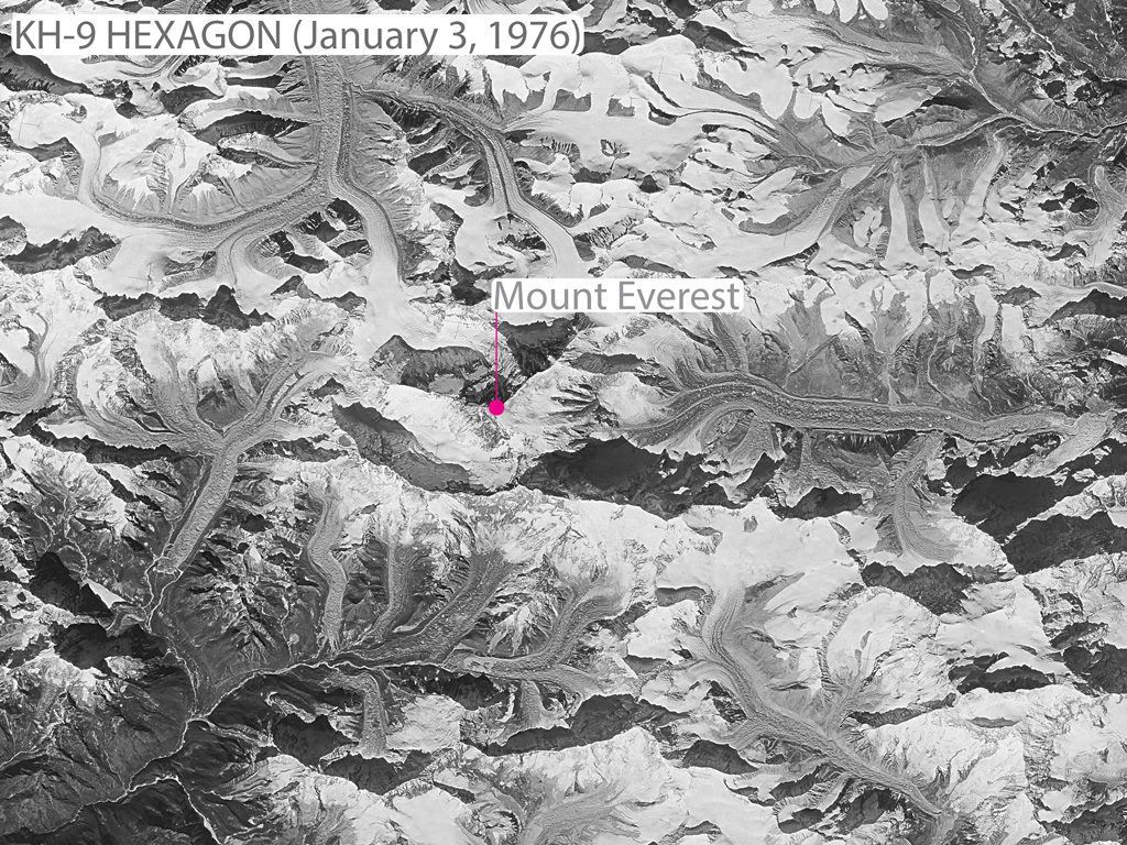 Spy satellite image taken over the Khumbu region of the Himalayas on 3 January, 1976 from the declassified KH-9 HEXAGON programme. Source: Josh Maurer/LDEO