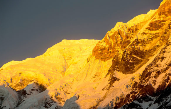 Alpenglow在尼泊尔喜马拉雅山脉Annapurna South的日出。图片来源：Ashley Cooper / Alamy Stock Photo。